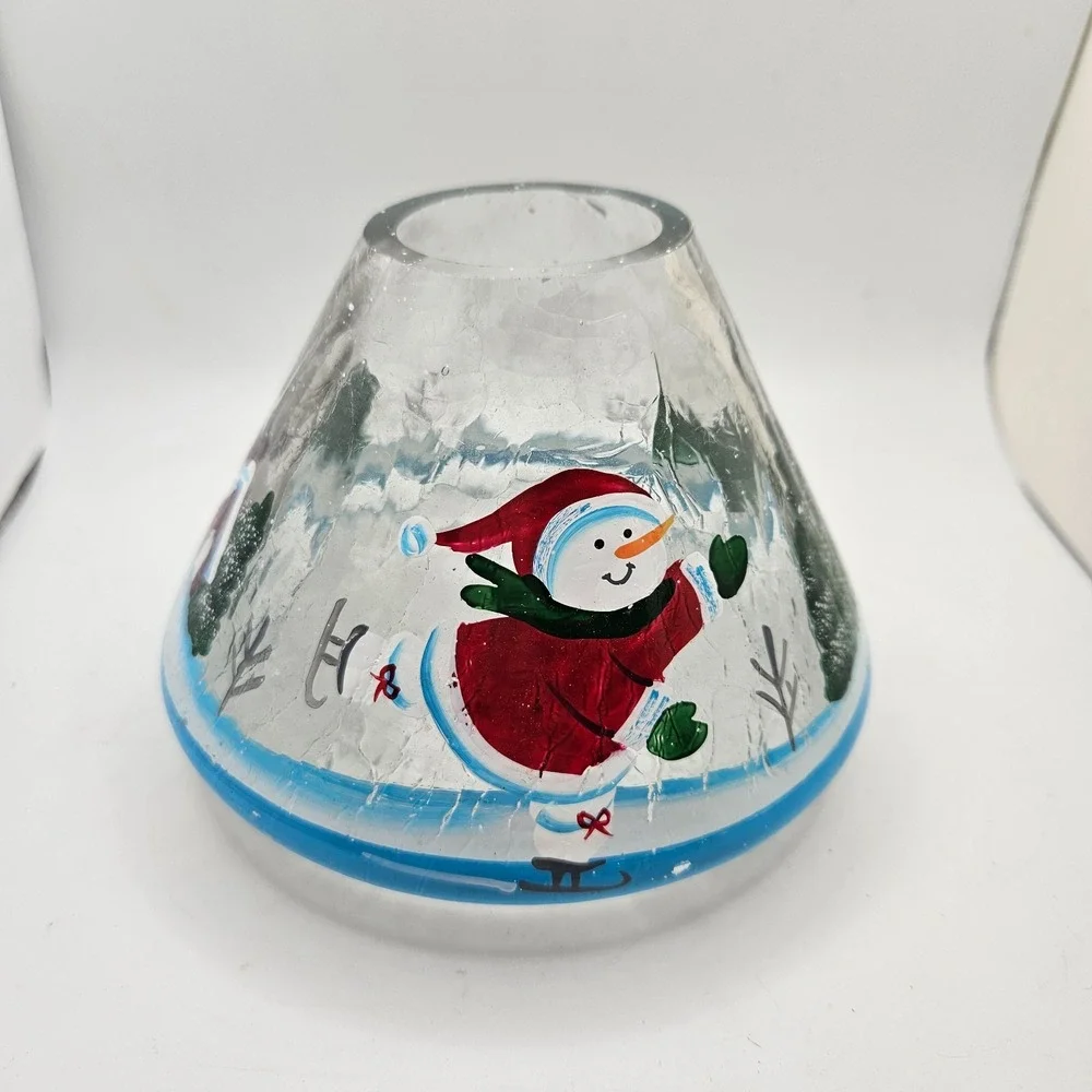 Hand Painted  Crackle Glass Candle Lamp Shade Snowman Church Winter Scene